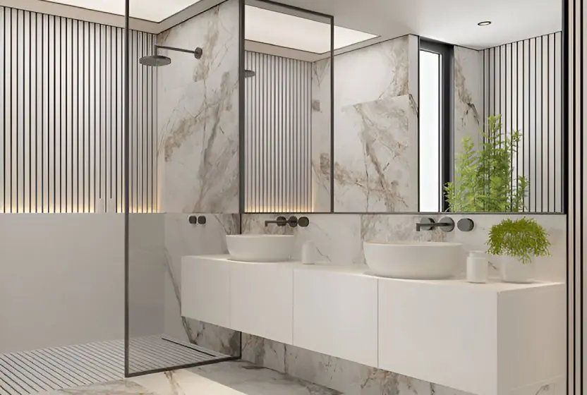 Marble-Look Tile Design Ideas for Bathrooms