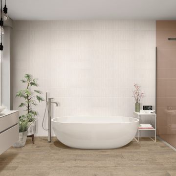 Salt Rectangle Ridge neutral beige premium tile on bathroom shower wall, 300x600