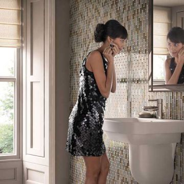 Sapphire Lagoon Brick Joint elegant grey premium tile on bathroom shower wall, 12x12