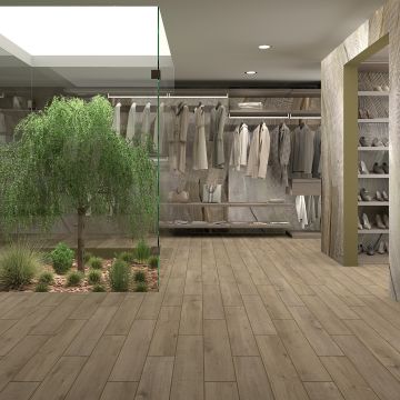 Wagon Hexagon warm brown porcelain hexagon tile on bathroom shower wall, 8x9