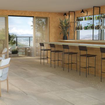 Beige Square sandy beige premium tile on bathroom shower wall, 24x24