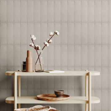 Beige Rectangle Half Moon natural beige premium tile on bathroom shower wall, 100x300