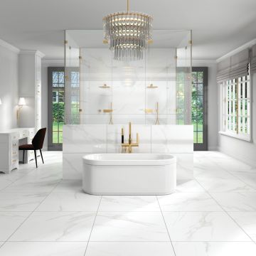 Lace Square pristine white premium tile on bathroom shower wall, 31x31