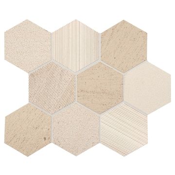 Haven Point 355 Honest Greige Hexagon L101 Beige cream beige natural stone hexagon tile on bathroom shower wall, 4x4