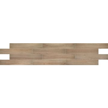Butter Pecan Plank warm brown porcelain tile on bathroom shower wall, 6x47