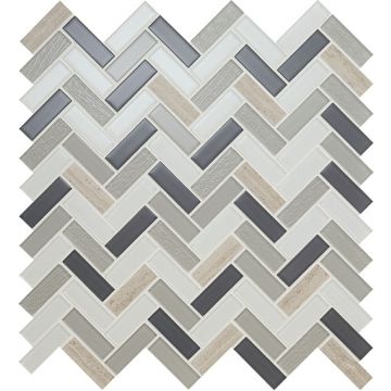 Serentina - SA94  - Tranquility - Herringbone - 5/8X2 - Glossy mosaic herringbone tile, beautiful white & gray, 50x50