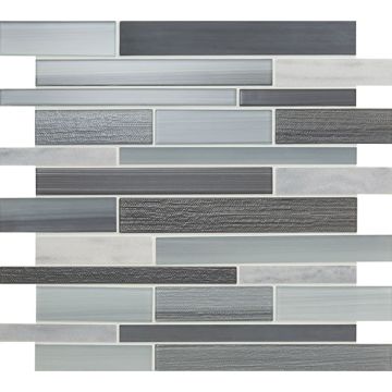 Serentina - SA95 - Zen Random - Linear - Random Linear - Glossy neutral gray mosaic tile on bathroom shower wall, 12x12