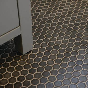 Ebony Hexagon onyx black premium hexagon tile on bathroom shower wall, 12x12