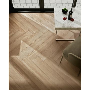 Emotion Wood Brown  earthy brown premium porcelain tile on bathroom shower wall, 8x47