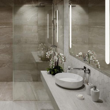Field_Kailas beautiful ivory ceramic porcelain tile on bathroom shower wall, 24x47