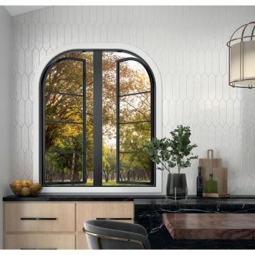 Matte Arctic White Picket Undulated Subway Tile pure white premium subway tile on bathroom shower wall, 3x12