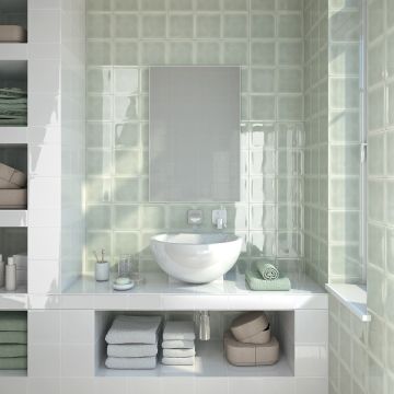 Succulent Green Rectangle Undulated sage green premium tile on bathroom shower wall, 3x6