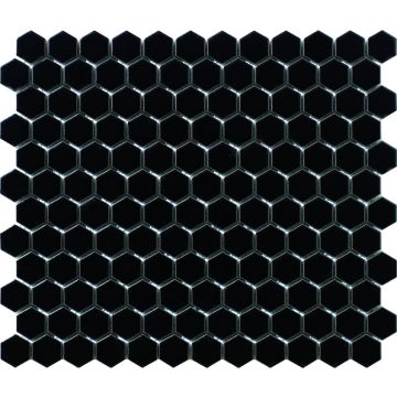 1-inch Vintage Black Porcelain Hexagon Mosaic Tile deep black ceramic porcelain mosaic tile on bathroom shower wall, 12x12
