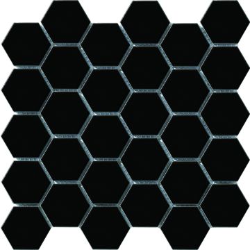 2-inch Vintage Black Hexagon Porcelain Mosaic Tile rich black premium porcelain mosaic tile on bathroom shower wall, 12x12