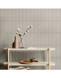 Beige Rectangle Half Moon natural beige premium tile on bathroom shower wall, 100x300