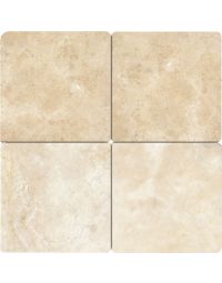 Travertine - T711 - Torreon - Square - 12X12 - Honed cream beige natural stone tile on bathroom shower wall, 12x12