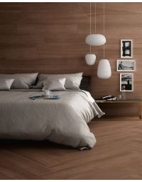 Emotion Wood Brown  earthy brown premium porcelain tile on bathroom shower wall, 8x47