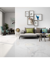 Priss Marble White  crisp white premium porcelain tile on bathroom shower wall, 35x35