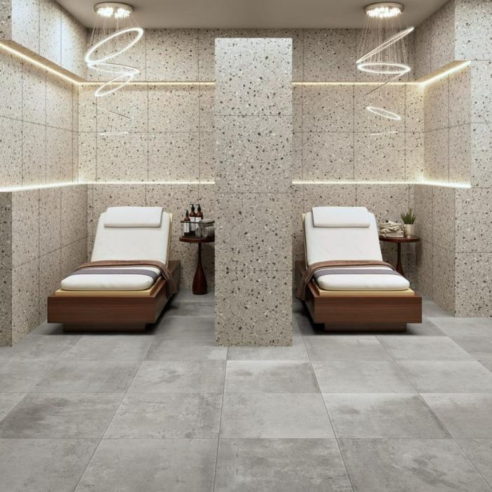 24x24 Aluminum Square Grey Metallic: This large-format tile boasts a metallic grey finish, reminiscent of brushed aluminum. It adds an urban, modern vibe to any commercial space.