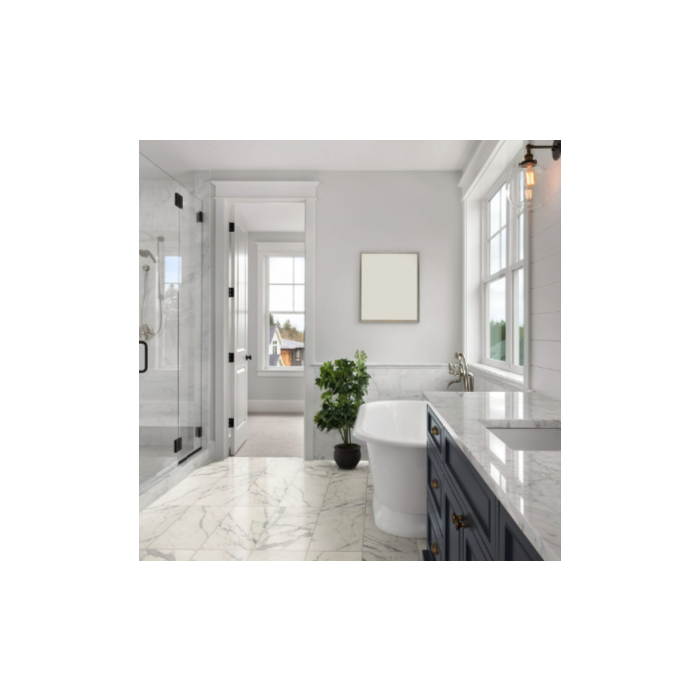 12x24 Calacatta Empire Rectangle Tile in bathroom wall - Opulent White Marble Design.