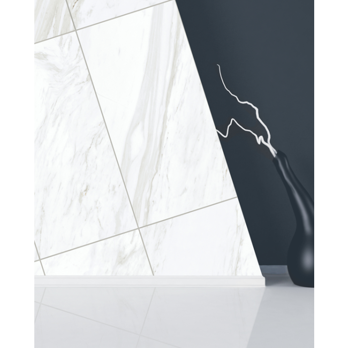The glazed white porcelain tile is a versatile choice for countertops