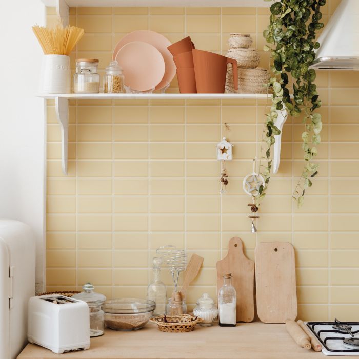 Cornsilk Rectangle Porcelain Tile in 3x6 dimensions, enhancing the kitchen with its elegant design and versatile color