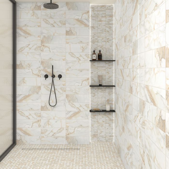 Elegant 2x12 Nova Picket Marble-look Porcelain Tile on Bathroom Wall