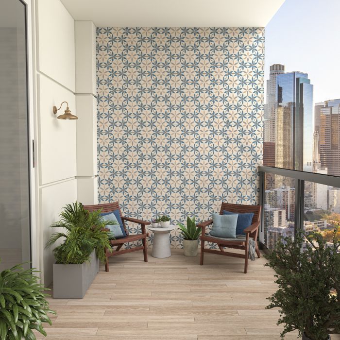 Hexagonal porcelain tiles form a captivating pattern on the terrace wall.