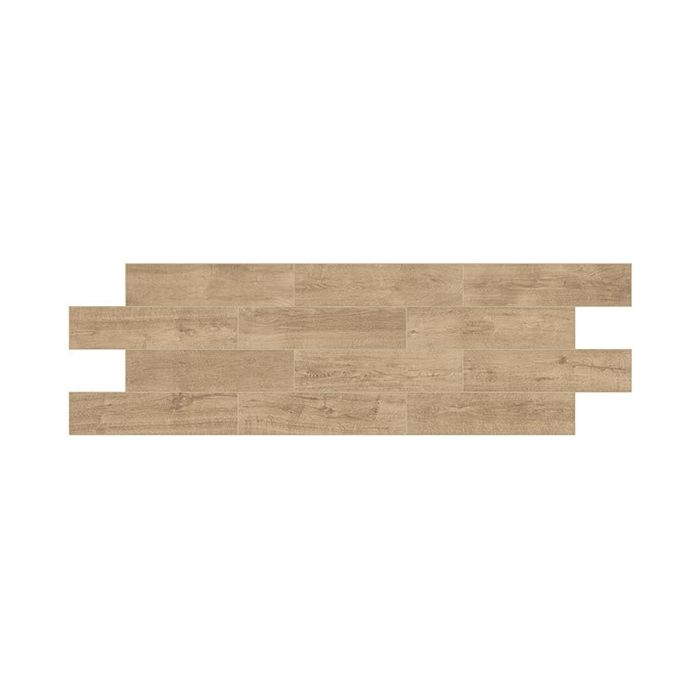 A beige porcelain tile that imitates the look and feel of a hickory wood plank with a matte finish.