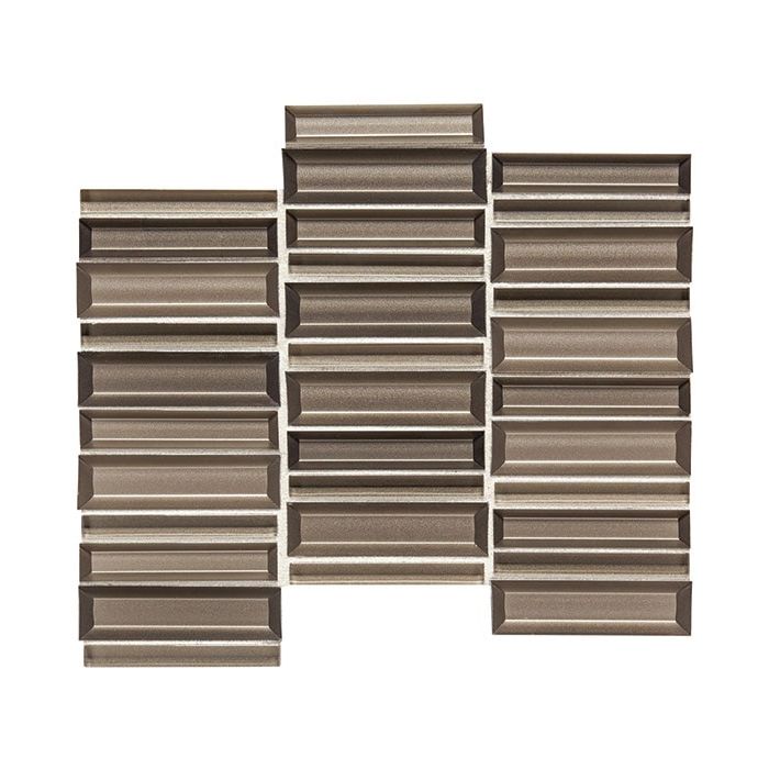 Close-up view of Daltile's 12x12 Brook Crest Random Straight Stacked Glass Tile. Straight-stacked design in varying widths offers a modern, textured look.