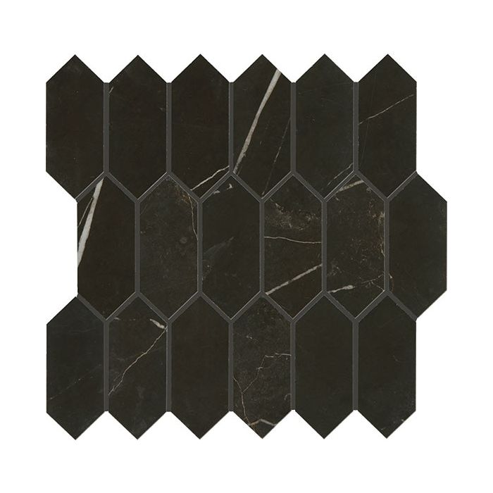 Daltile's 2x5 Nero Linear Hexagon Matte Black Porcelain Tiles feature a matte black base with delicate white veining, reminiscent of classic marble. The interlocking system creates a seamless pattern, adding a contemporary touch to any space.