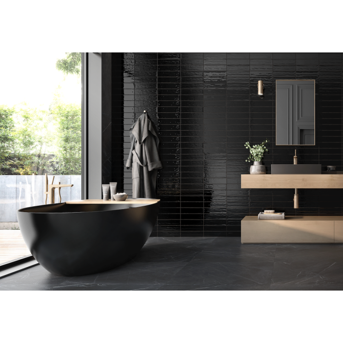 Rowall 9 Ceramic Wall Tile - Black 3"x12" for modern bathroom walls. 