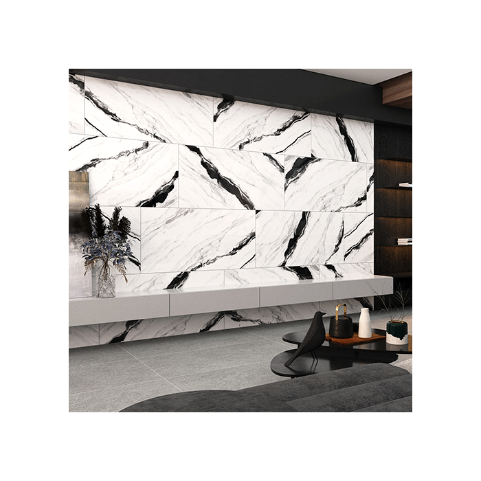A touch of timeless elegance: Panda Marble Gray Porcelain Tile for modern living room aesthetics with stylish walls and sleek floors.