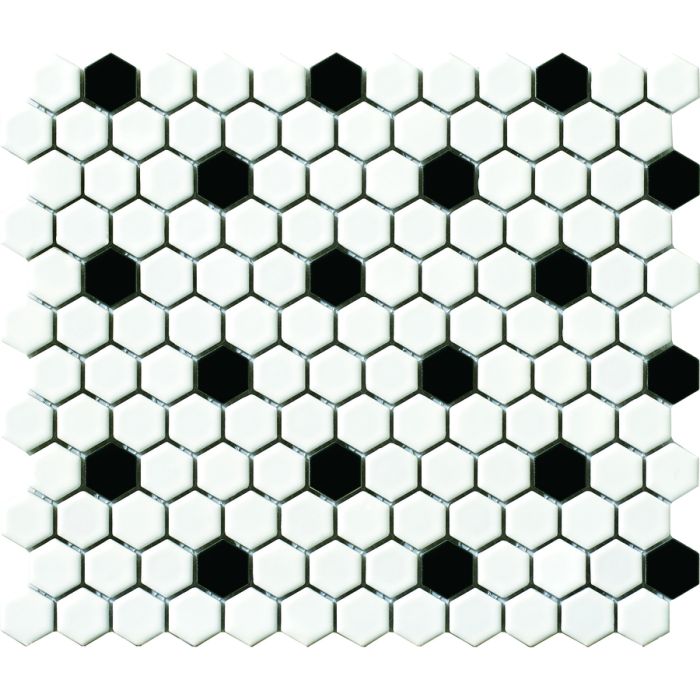 1 inch Vintage Porcelain Hexagon Mosaic Black / White Pattern