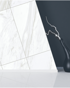 12x48 Carrara Extra Moderne White pure white ceramic porcelain tile on bathroom shower wall, 24x47