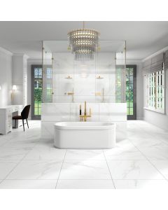Lace Square pristine white premium tile on bathroom shower wall, 31x31