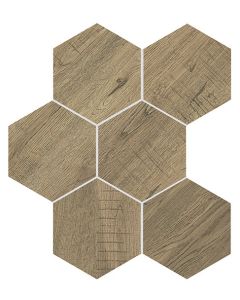 Chariot Hexagon earthy brown premium porcelain hexagon tile on bathroom shower wall, 8x9