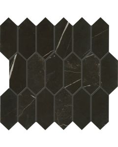 Daltile's 2x5 Nero Linear Hexagon Matte Black Porcelain Tiles feature a matte black base with delicate white veining, reminiscent of classic marble. The interlocking system creates a seamless pattern, adding a contemporary touch to any space.