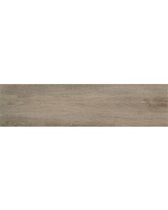 Driftwood Plank chocolate brown engineered porcelain tile on bathroom shower wall, 6x35