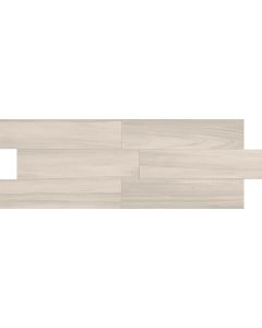 Ash Plank soft beige refined porcelain tile on bathroom shower wall, 6x35