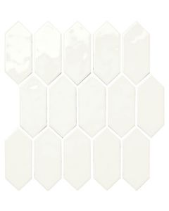 Close-up of 2x5 Santorini Picket Glossy White Mosaic Tile - Sleek white porcelain mosaic tiles with a high-gloss finish for a reflective and clean look.