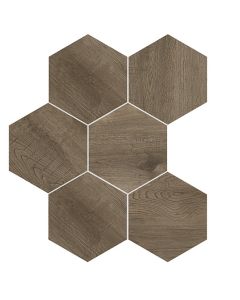 Carriage Hexagon chocolate brown engineered porcelain hexagon tile on bathroom shower wall, 8x9