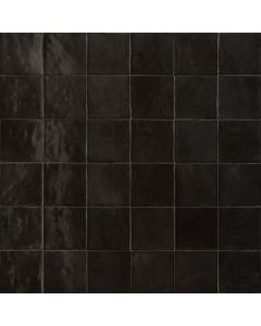 Zellige Neo 511 Carbone Square Undulated ZL12 Black sophisticated black glazed ceramic tile on bathroom shower wall, 4x4