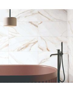 CALACATTA BORGHINI NEXT clean white premium tile on bathroom shower wall, 24x47