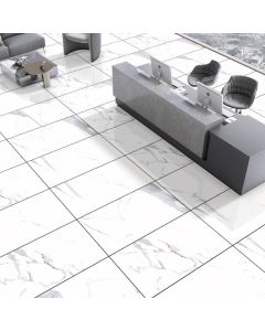 STATUARIO VENATO crisp white premium tile on bathroom shower wall, 24x47