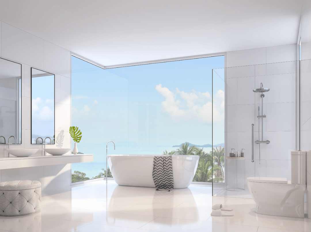 Modern white bathroom with 24x24 Element Snow Matte White Porcelain Tiles