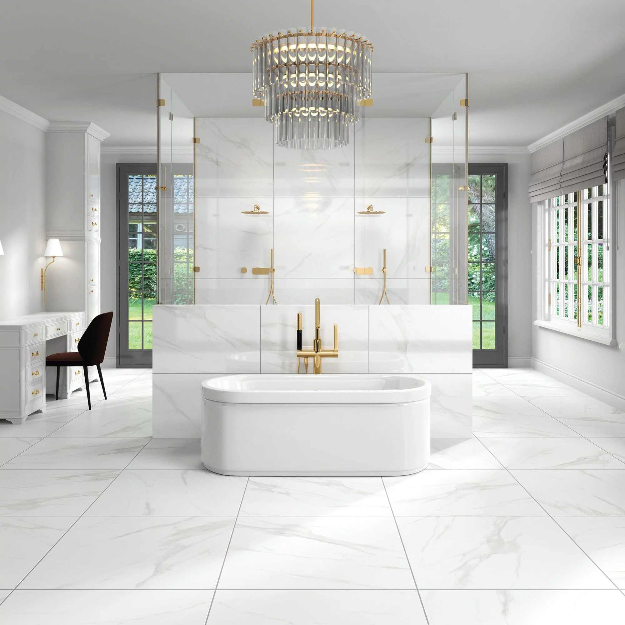 A spacious and luxurious bathroom with 32x32 White Lace Marble-look porcelain tiles