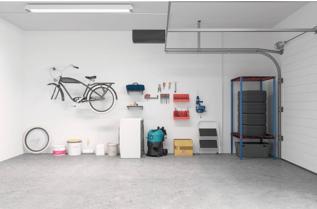 a clean garage interior with beige porcelain floor and wall tiles
