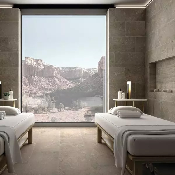 Awaken Rectangle - Gray porcelain tile with stone texture and matte finish.