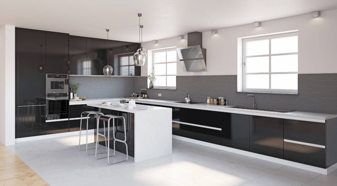 Gray backsplash tiles and black aluminum cabinets on an industrial kitchen